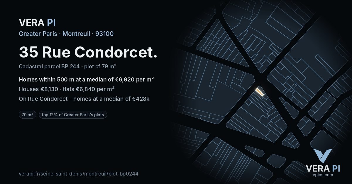 35 Rue Condorcet, Montreuil at night – the plot lit, the parcels around coloured by the prices near them