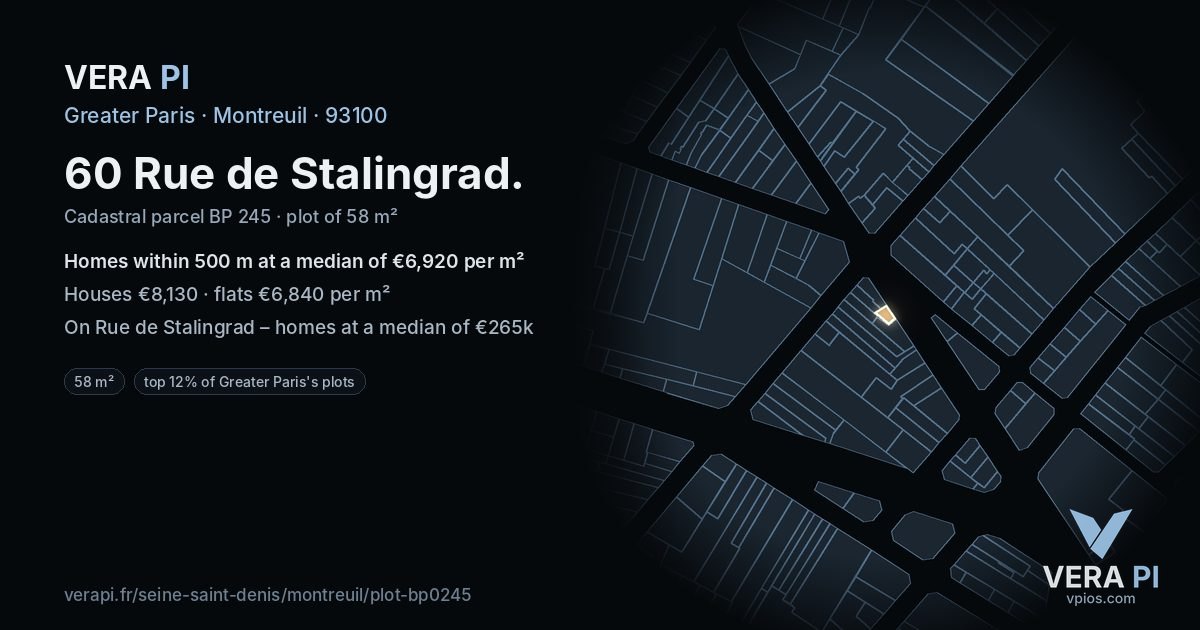 60 Rue de Stalingrad, Montreuil at night – the plot lit, the parcels around coloured by the prices near them