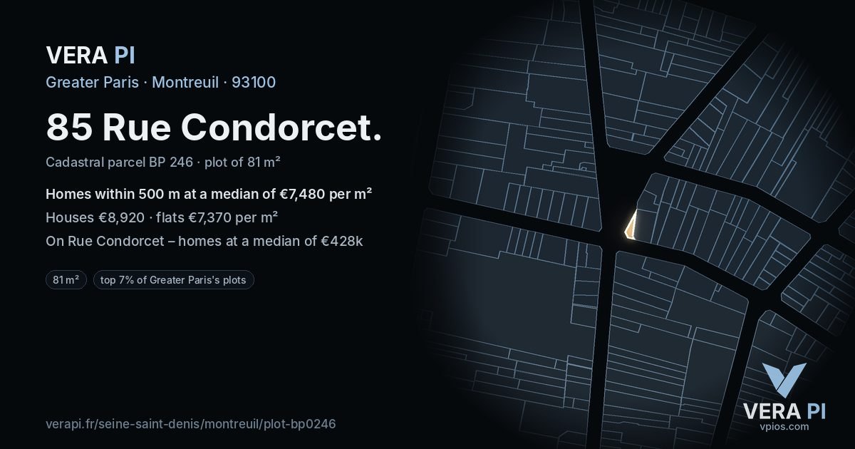 85 Rue Condorcet, Montreuil at night – the plot lit, the parcels around coloured by the prices near them