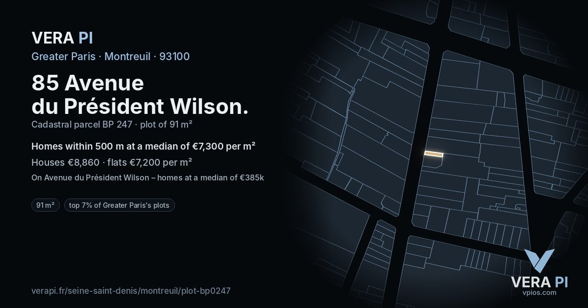 85 Avenue du Président Wilson, Montreuil at night – the plot lit, the parcels around coloured by the prices near them