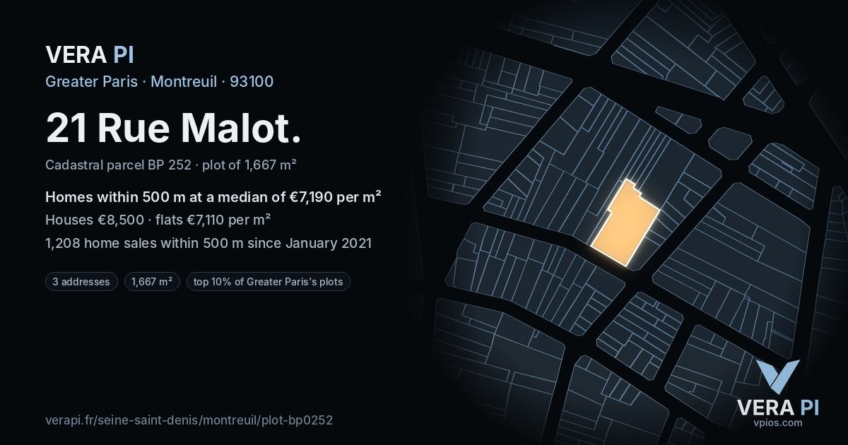 21 Rue Malot, Montreuil at night – the plot lit, the parcels around coloured by the prices near them