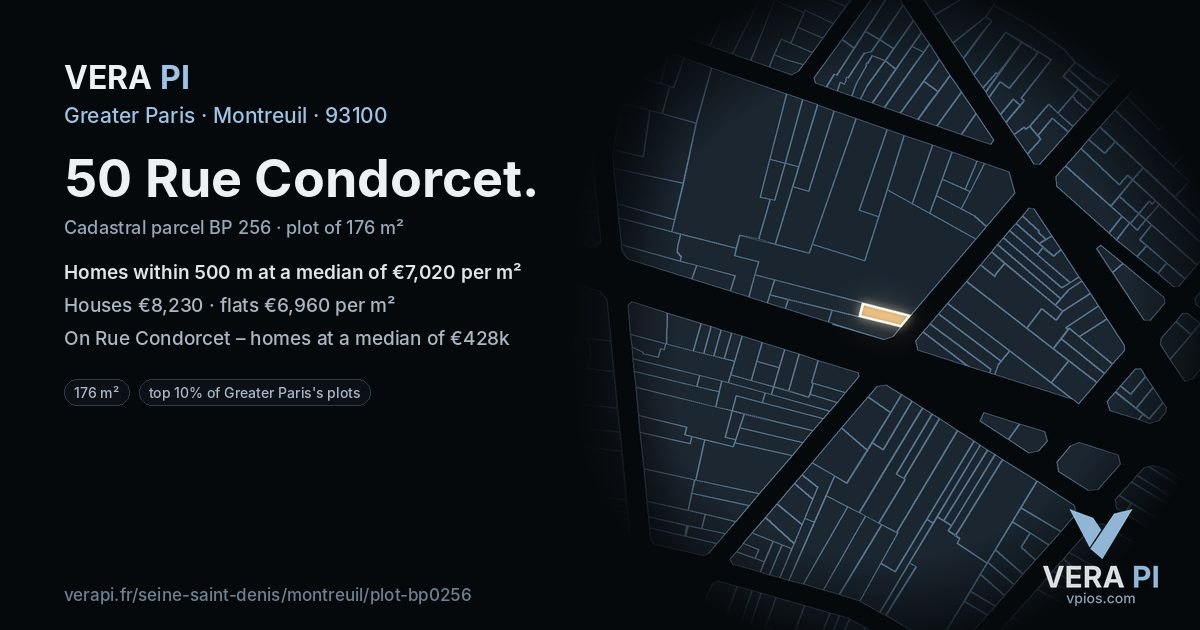50 Rue Condorcet, Montreuil at night – the plot lit, the parcels around coloured by the prices near them