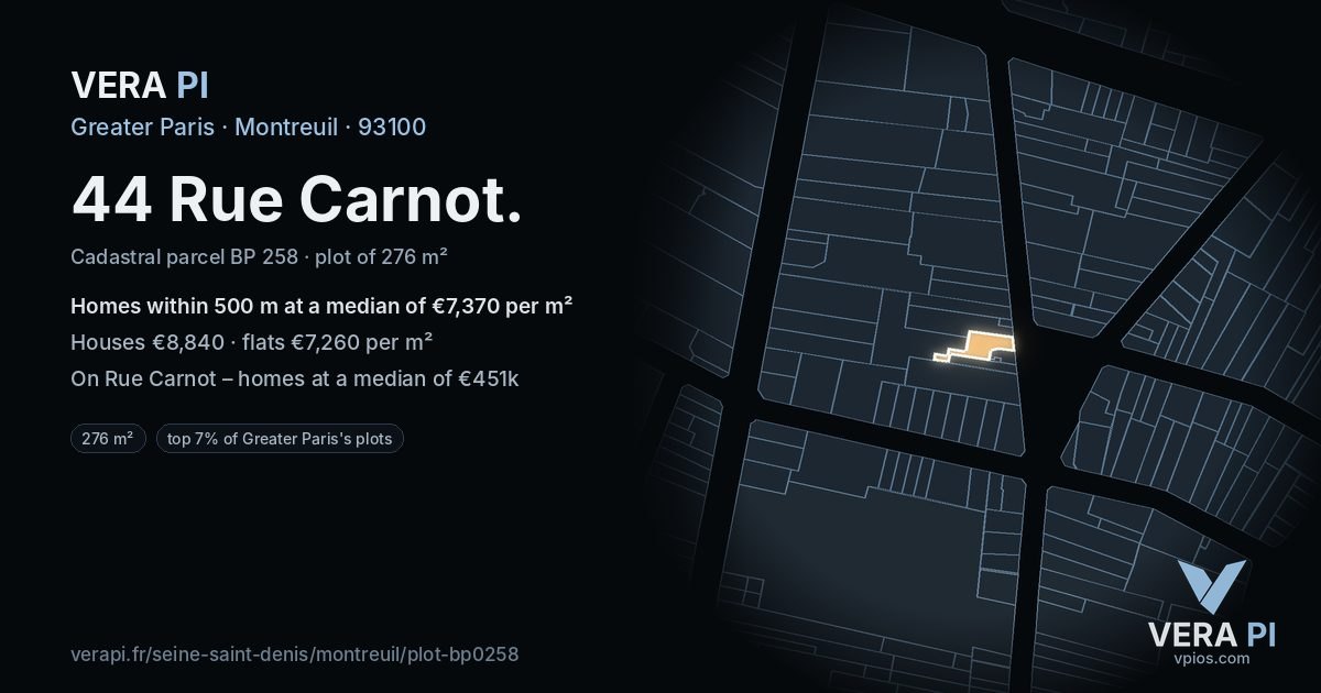 44 Rue Carnot, Montreuil at night – the plot lit, the parcels around coloured by the prices near them