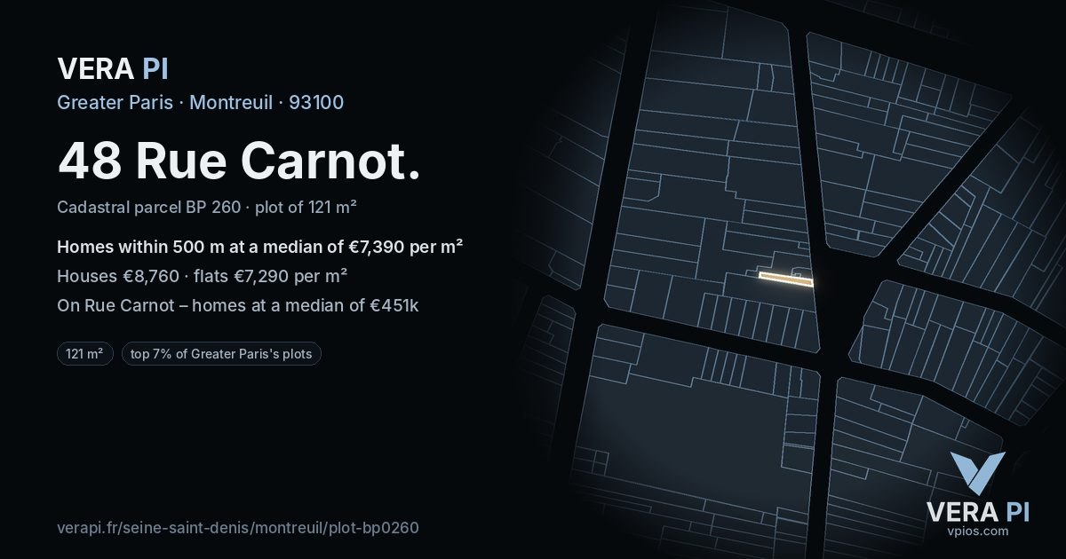 48 Rue Carnot, Montreuil at night – the plot lit, the parcels around coloured by the prices near them