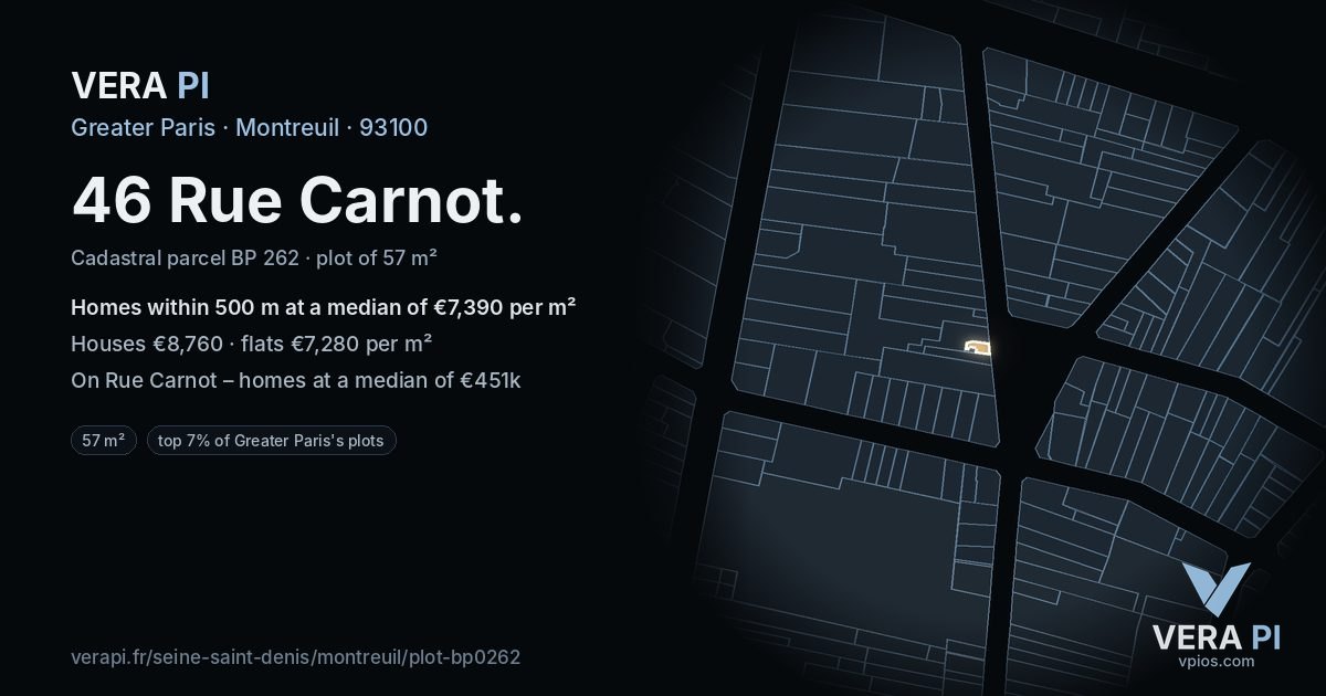 46 Rue Carnot, Montreuil at night – the plot lit, the parcels around coloured by the prices near them