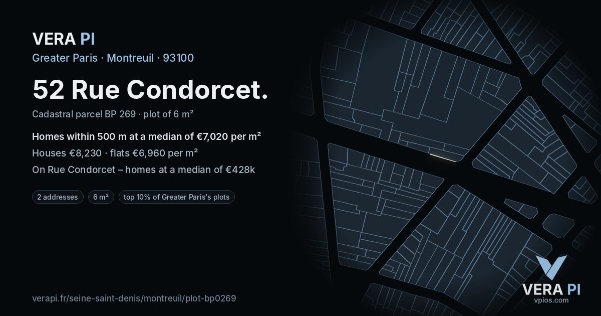 52 Rue Condorcet, Montreuil at night – the plot lit, the parcels around coloured by the prices near them