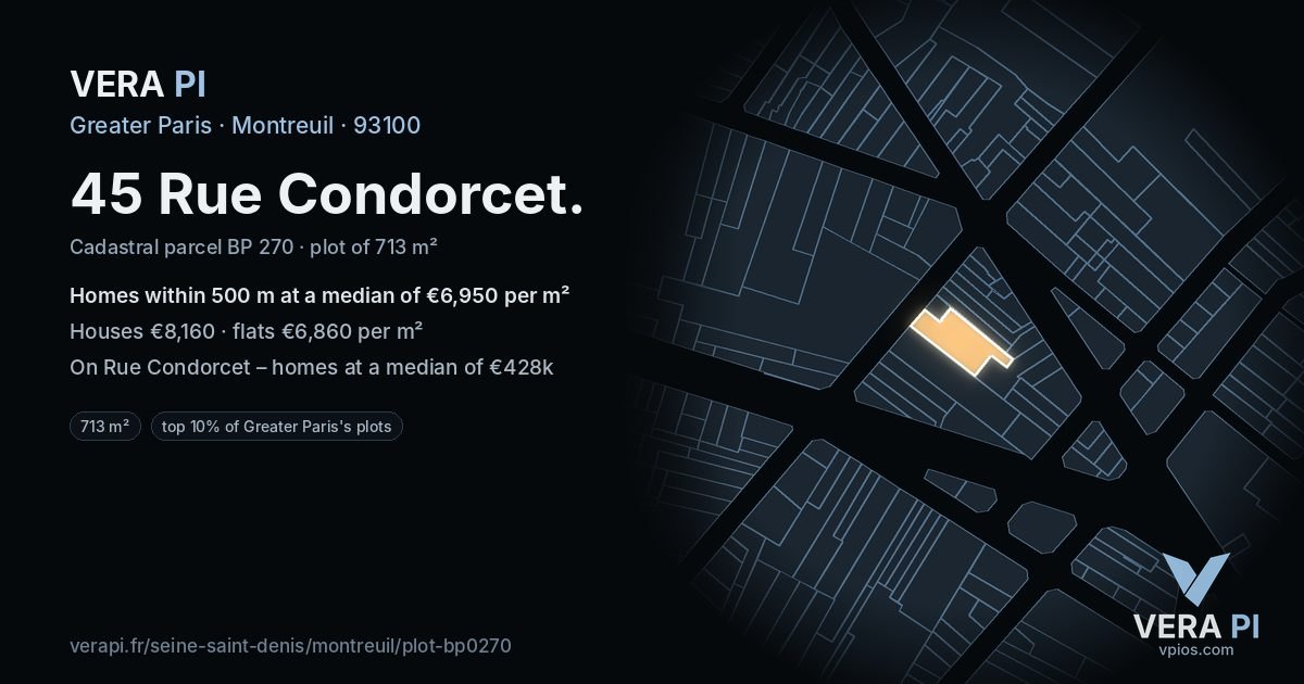 45 Rue Condorcet, Montreuil at night – the plot lit, the parcels around coloured by the prices near them