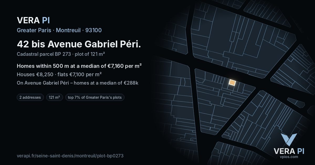 42 bis Avenue Gabriel Péri, Montreuil at night – the plot lit, the parcels around coloured by the prices near them