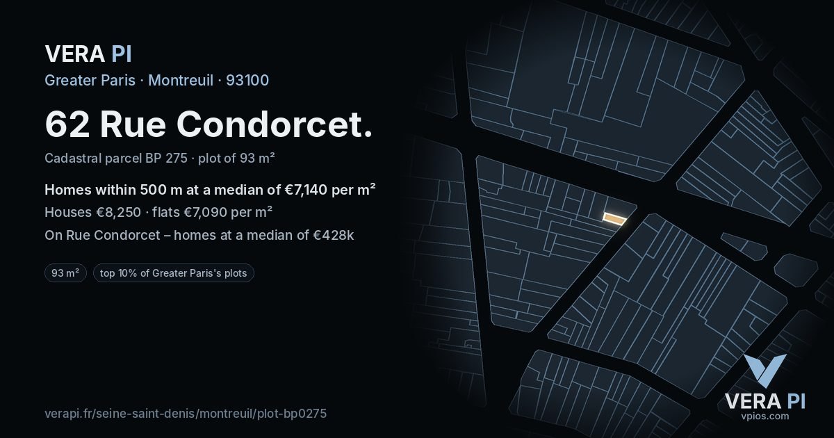 62 Rue Condorcet, Montreuil at night – the plot lit, the parcels around coloured by the prices near them