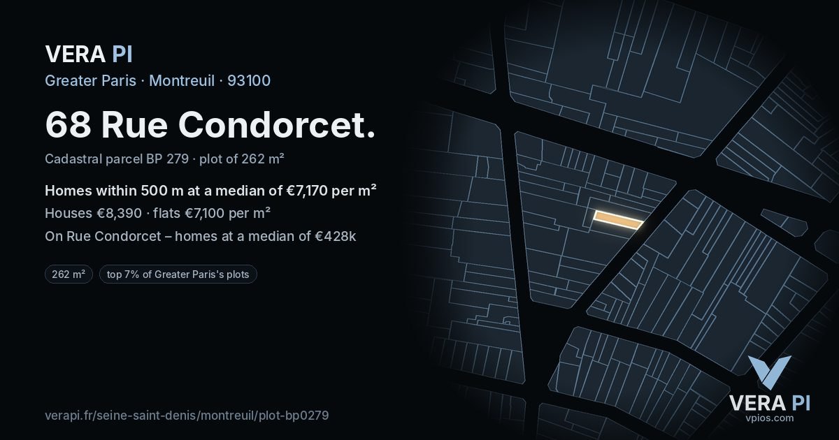 68 Rue Condorcet, Montreuil at night – the plot lit, the parcels around coloured by the prices near them
