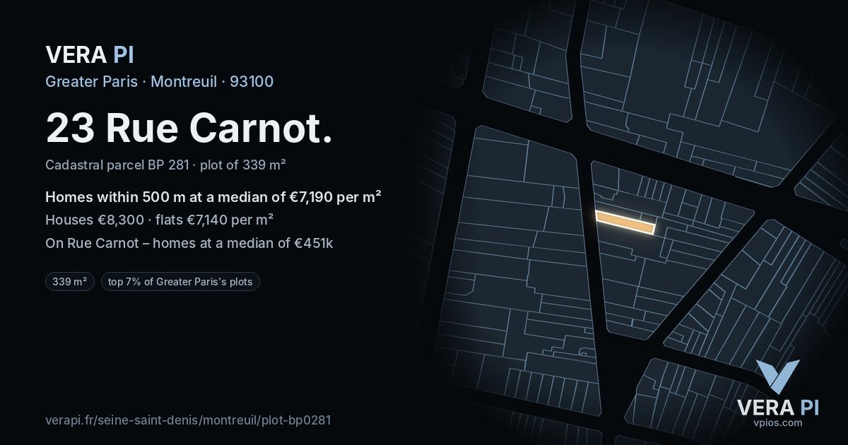 23 Rue Carnot, Montreuil at night – the plot lit, the parcels around coloured by the prices near them