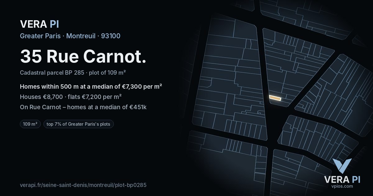 35 Rue Carnot, Montreuil at night – the plot lit, the parcels around coloured by the prices near them