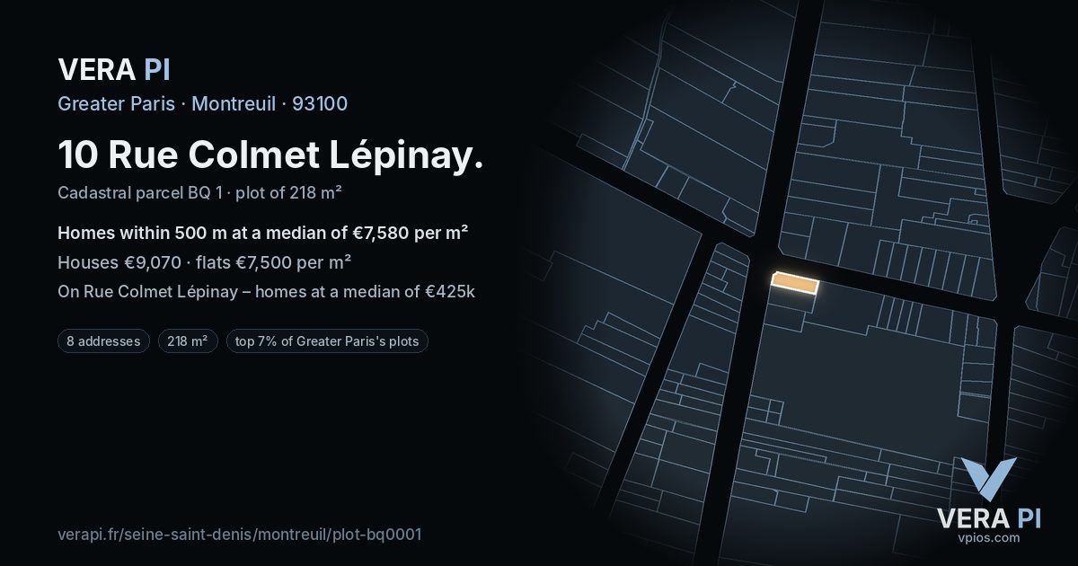 10 Rue Colmet Lépinay, Montreuil at night – the plot lit, the parcels around coloured by the prices near them