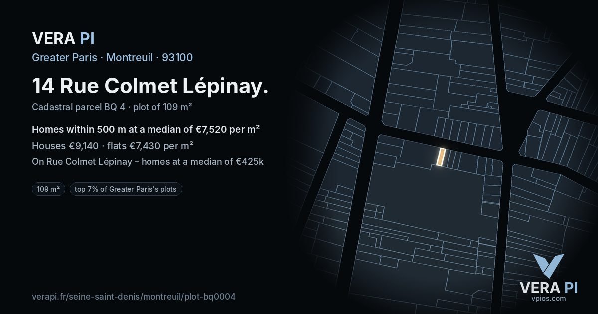 14 Rue Colmet Lépinay, Montreuil at night – the plot lit, the parcels around coloured by the prices near them