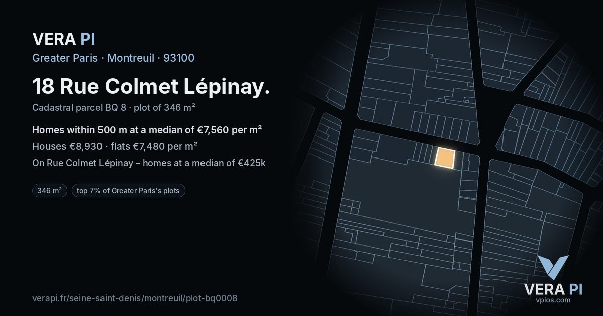 18 Rue Colmet Lépinay, Montreuil at night – the plot lit, the parcels around coloured by the prices near them
