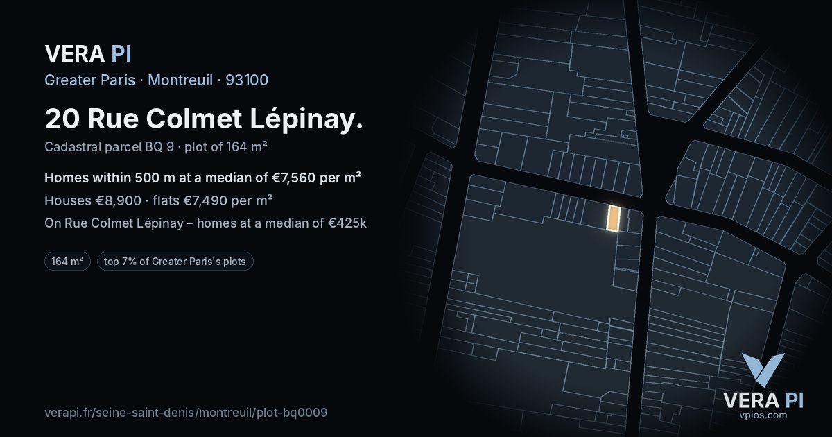 20 Rue Colmet Lépinay, Montreuil at night – the plot lit, the parcels around coloured by the prices near them