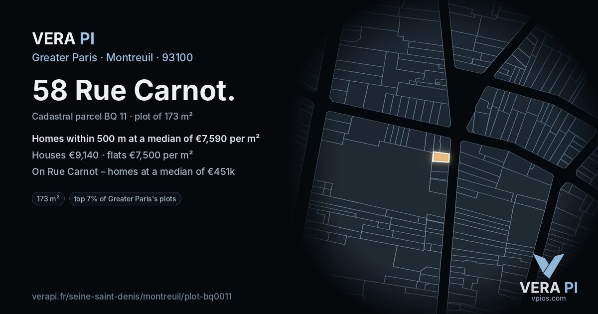 58 Rue Carnot, Montreuil at night – the plot lit, the parcels around coloured by the prices near them