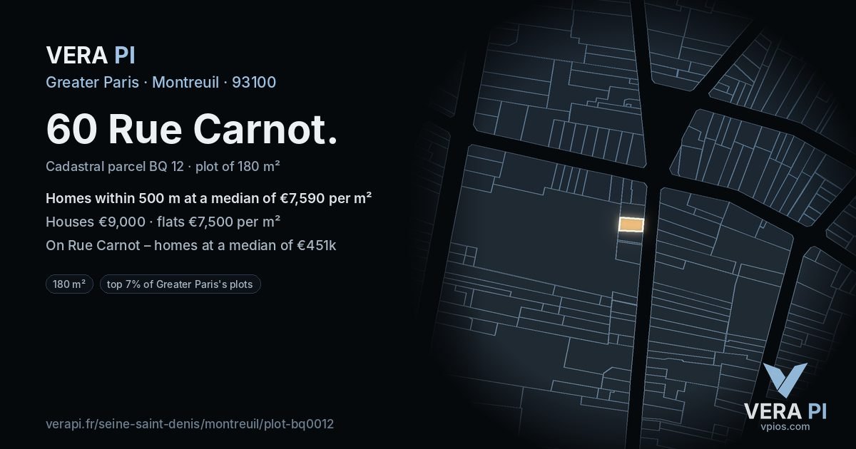 60 Rue Carnot, Montreuil at night – the plot lit, the parcels around coloured by the prices near them