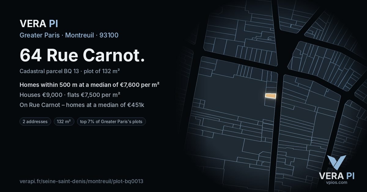 64 Rue Carnot, Montreuil at night – the plot lit, the parcels around coloured by the prices near them