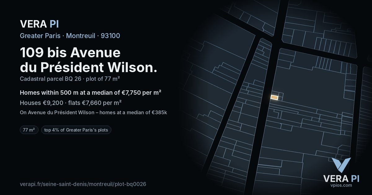 109 bis Avenue du Président Wilson, Montreuil at night – the plot lit, the parcels around coloured by the prices near them