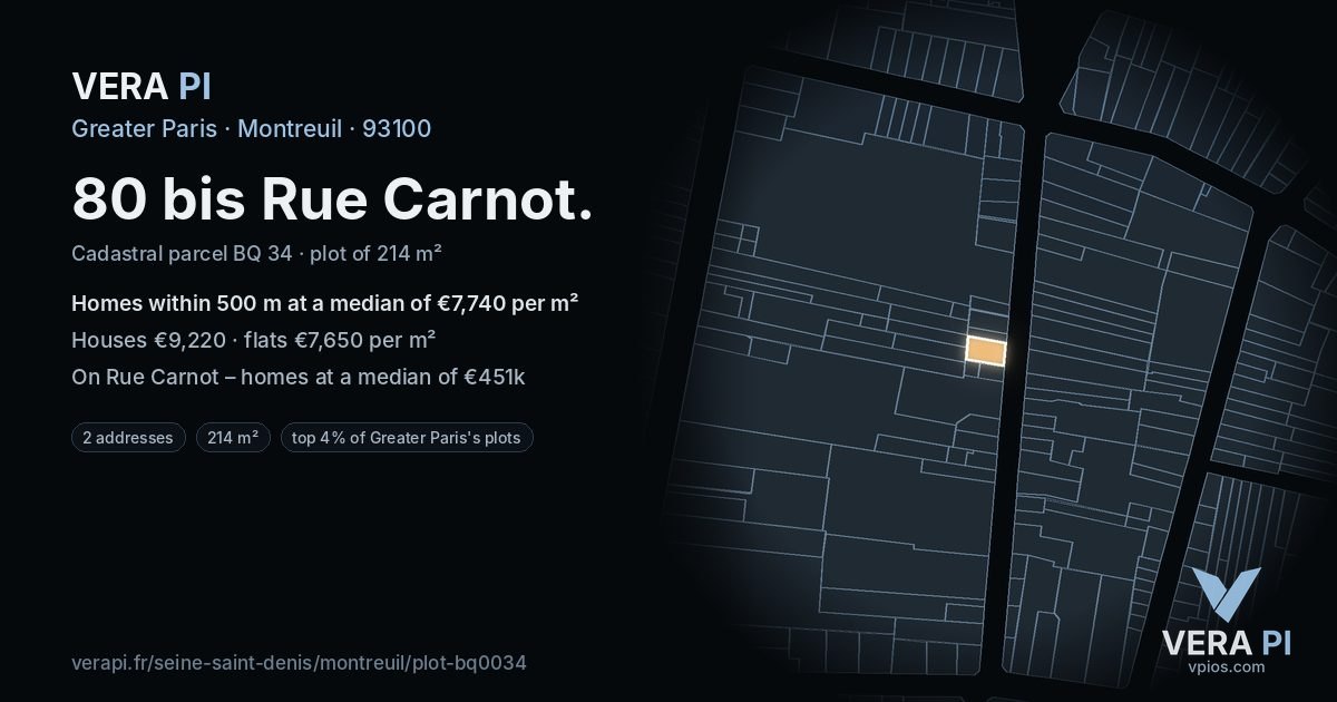 80 bis Rue Carnot, Montreuil at night – the plot lit, the parcels around coloured by the prices near them