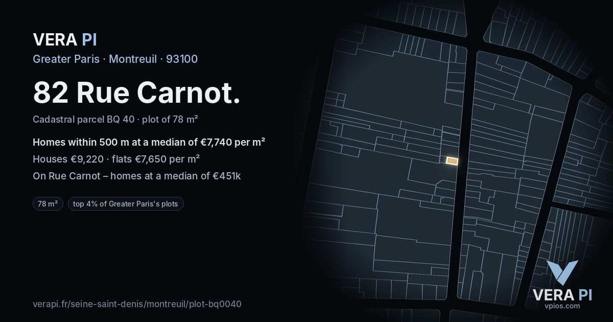 82 Rue Carnot, Montreuil at night – the plot lit, the parcels around coloured by the prices near them