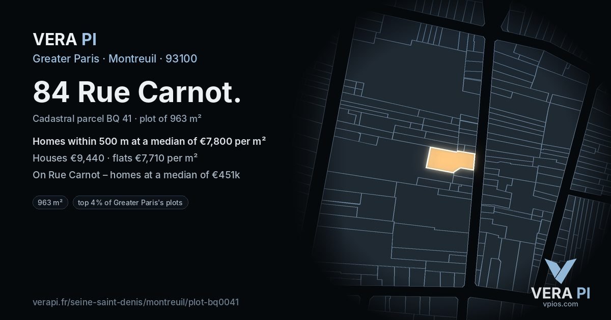 84 Rue Carnot, Montreuil at night – the plot lit, the parcels around coloured by the prices near them