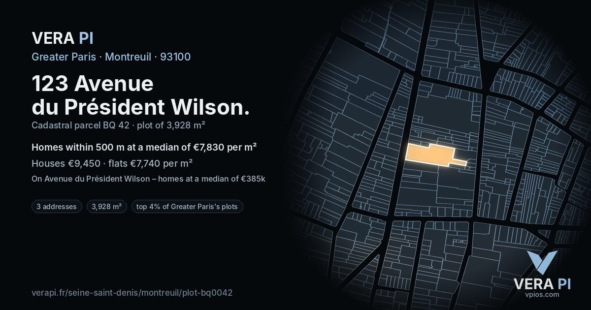 123 Avenue du Président Wilson, Montreuil at night – the plot lit, the parcels around coloured by the prices near them