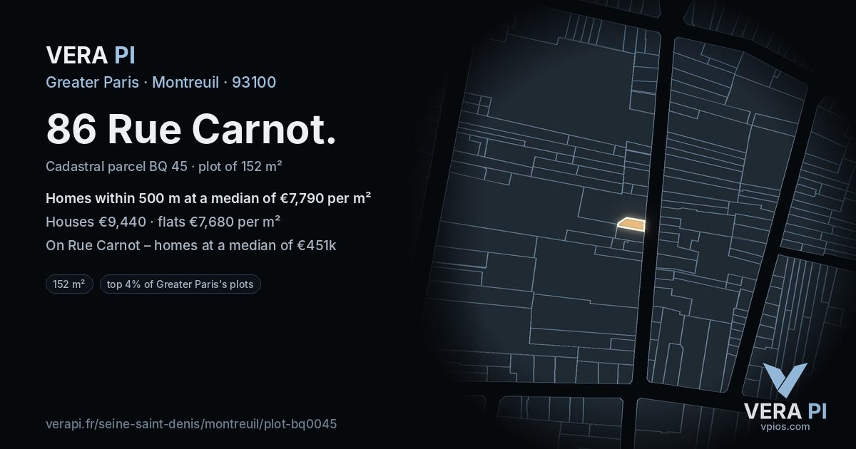 86 Rue Carnot, Montreuil at night – the plot lit, the parcels around coloured by the prices near them