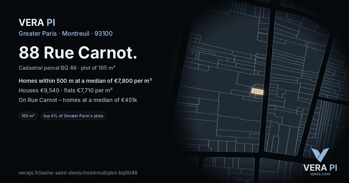 88 Rue Carnot, Montreuil at night – the plot lit, the parcels around coloured by the prices near them
