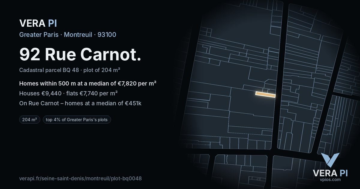 92 Rue Carnot, Montreuil at night – the plot lit, the parcels around coloured by the prices near them