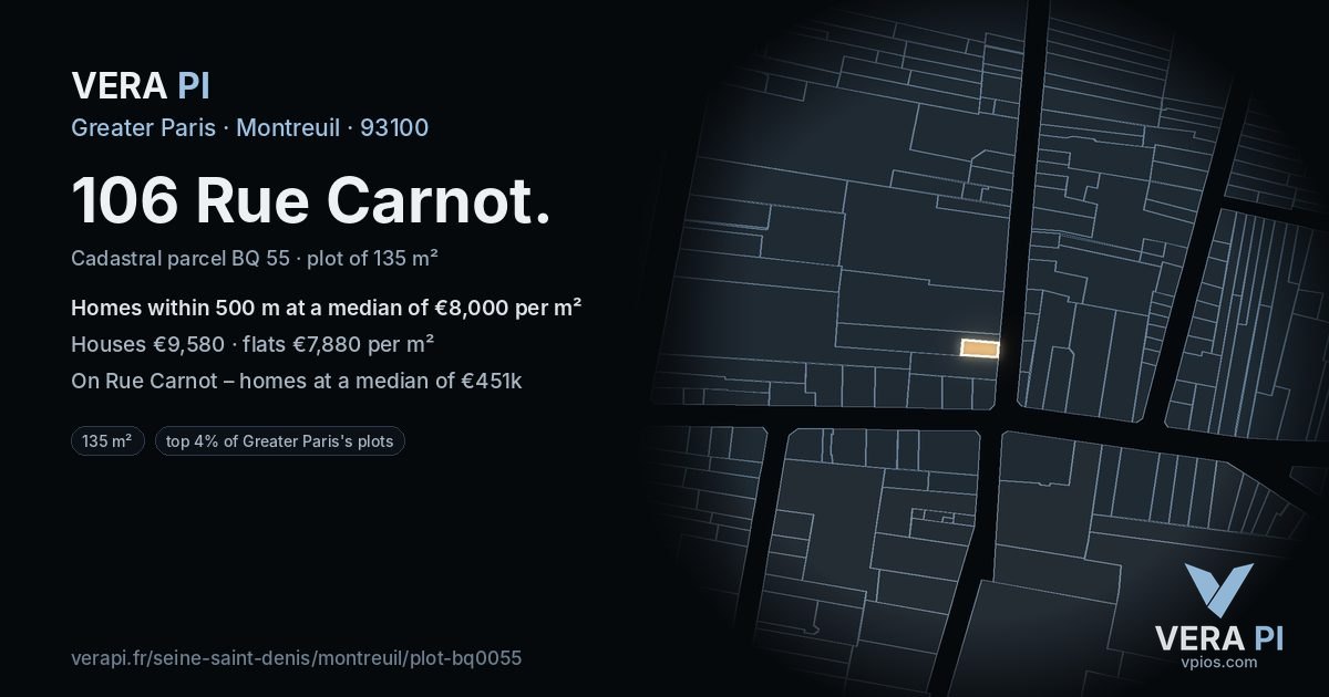 106 Rue Carnot, Montreuil at night – the plot lit, the parcels around coloured by the prices near them
