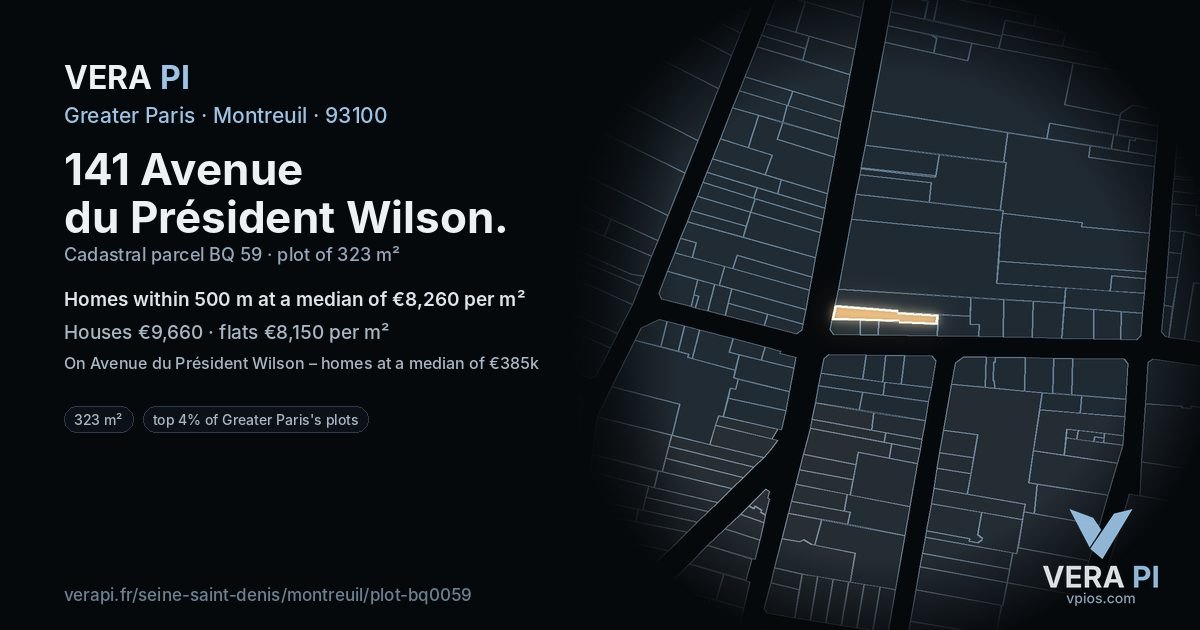 141 Avenue du Président Wilson, Montreuil at night – the plot lit, the parcels around coloured by the prices near them