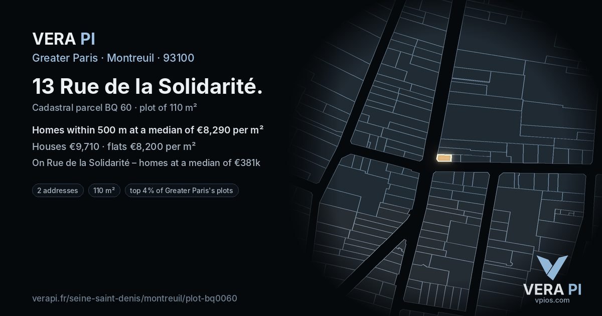 13 Rue de la Solidarité, Montreuil at night – the plot lit, the parcels around coloured by the prices near them