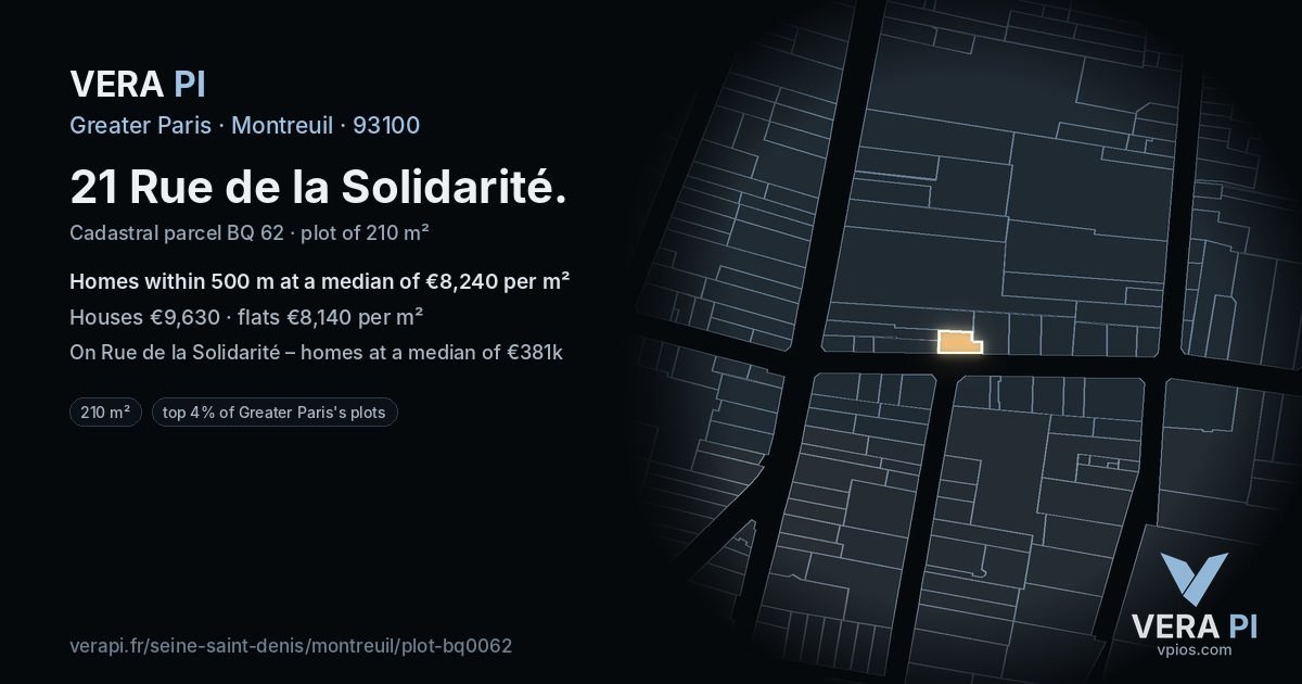 21 Rue de la Solidarité, Montreuil at night – the plot lit, the parcels around coloured by the prices near them