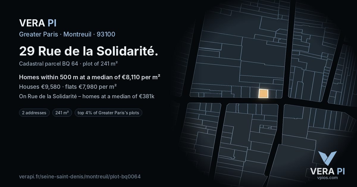 29 Rue de la Solidarité, Montreuil at night – the plot lit, the parcels around coloured by the prices near them