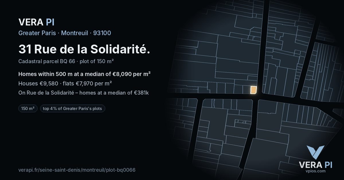 31 Rue de la Solidarité, Montreuil at night – the plot lit, the parcels around coloured by the prices near them