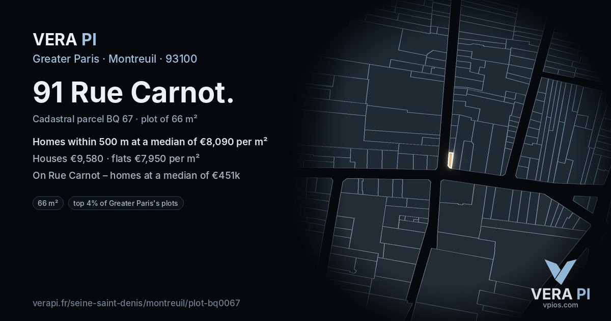 91 Rue Carnot, Montreuil at night – the plot lit, the parcels around coloured by the prices near them