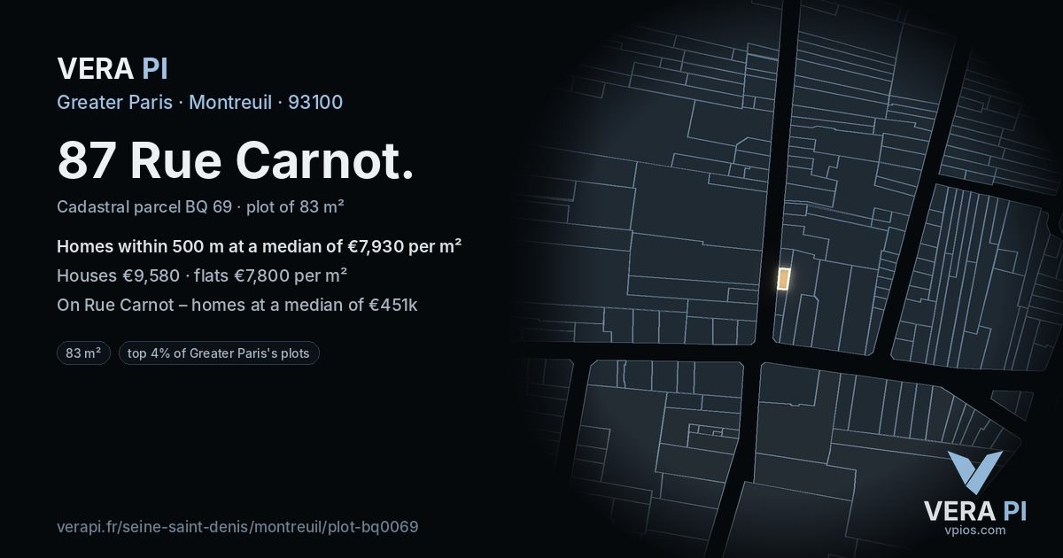 87 Rue Carnot, Montreuil at night – the plot lit, the parcels around coloured by the prices near them