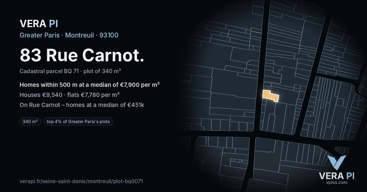 83 Rue Carnot, Montreuil at night – the plot lit, the parcels around coloured by the prices near them