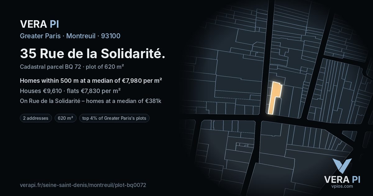 35 Rue de la Solidarité, Montreuil at night – the plot lit, the parcels around coloured by the prices near them