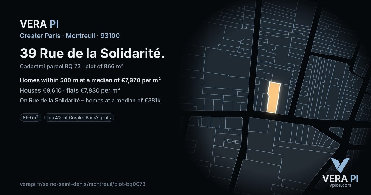 39 Rue de la Solidarité, Montreuil at night – the plot lit, the parcels around coloured by the prices near them