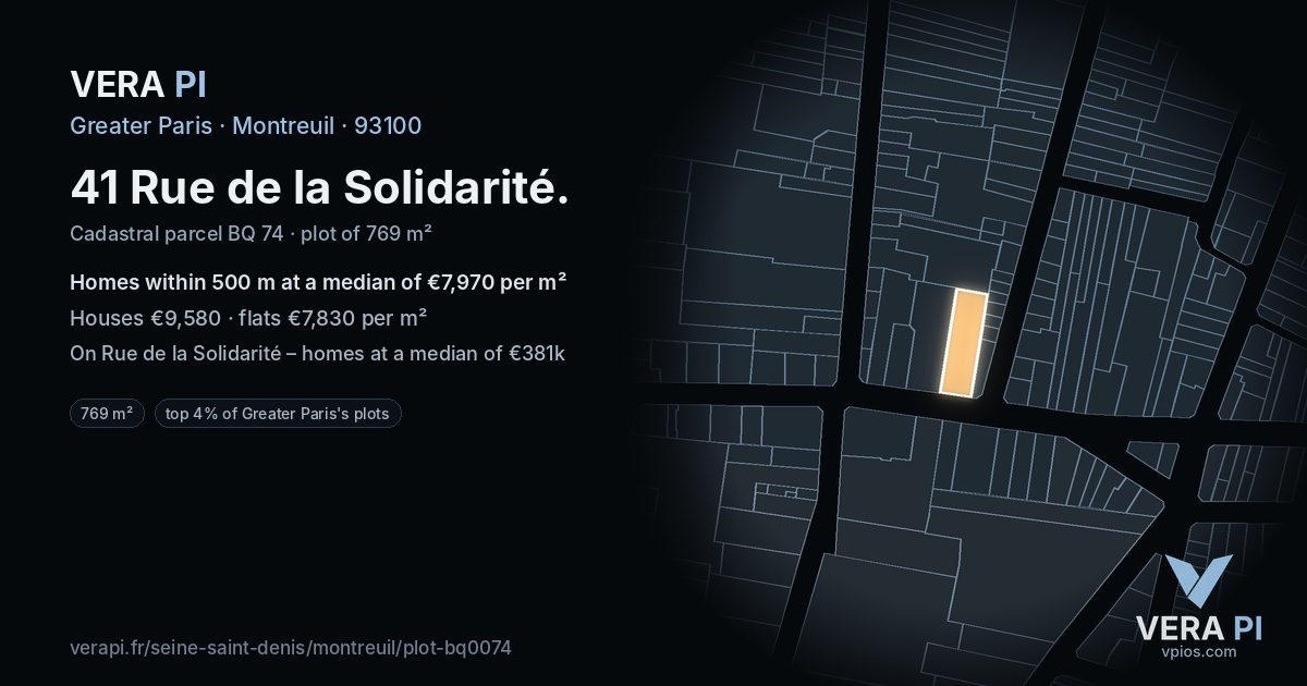 41 Rue de la Solidarité, Montreuil at night – the plot lit, the parcels around coloured by the prices near them
