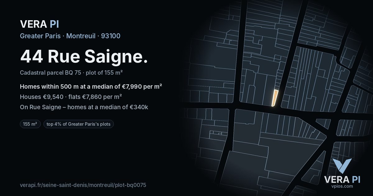 44 Rue Saigne, Montreuil at night – the plot lit, the parcels around coloured by the prices near them