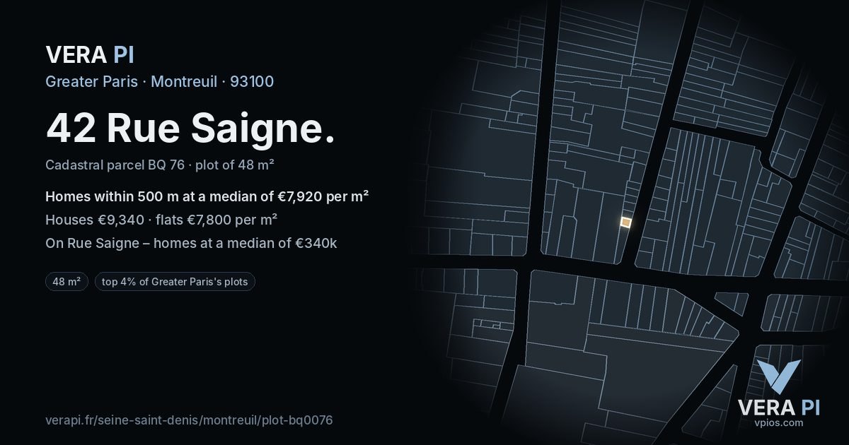 42 Rue Saigne, Montreuil at night – the plot lit, the parcels around coloured by the prices near them