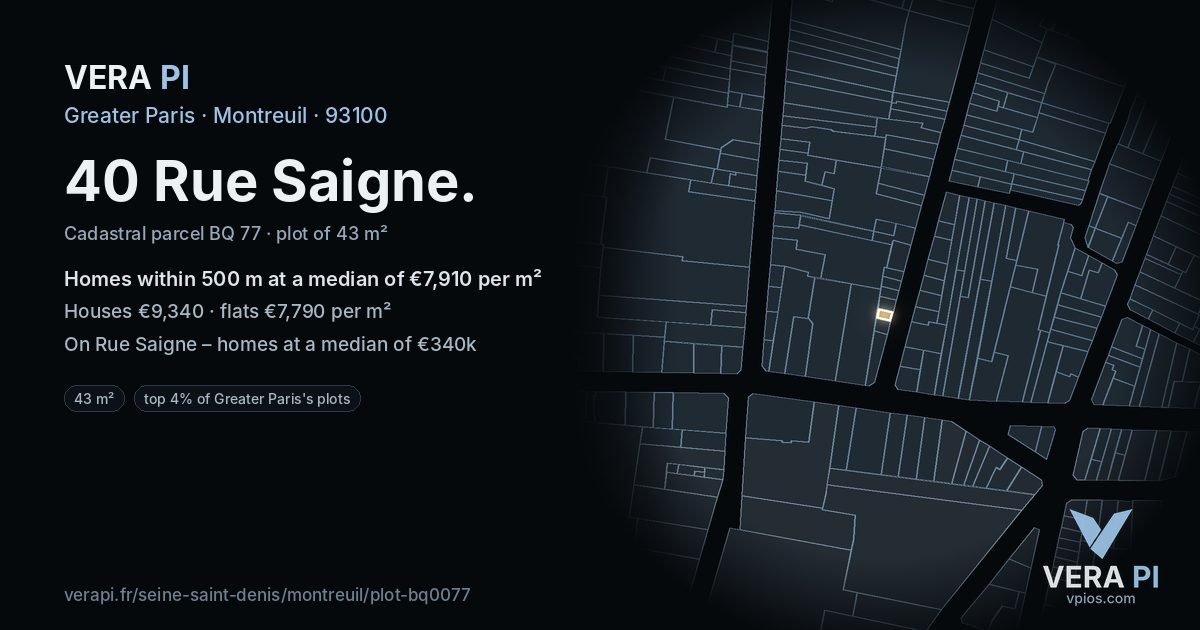 40 Rue Saigne, Montreuil at night – the plot lit, the parcels around coloured by the prices near them