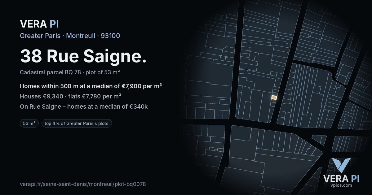 38 Rue Saigne, Montreuil at night – the plot lit, the parcels around coloured by the prices near them
