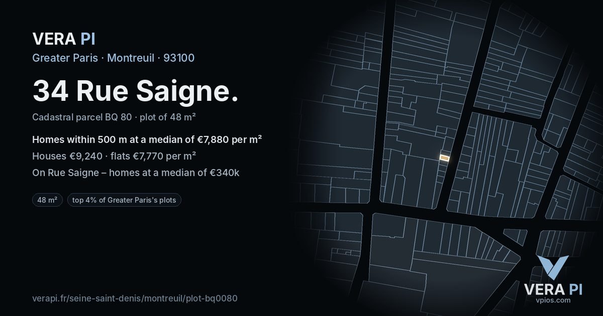 34 Rue Saigne, Montreuil at night – the plot lit, the parcels around coloured by the prices near them
