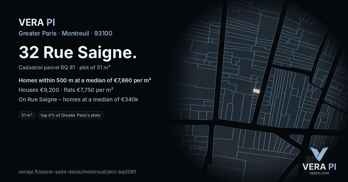 32 Rue Saigne, Montreuil at night – the plot lit, the parcels around coloured by the prices near them