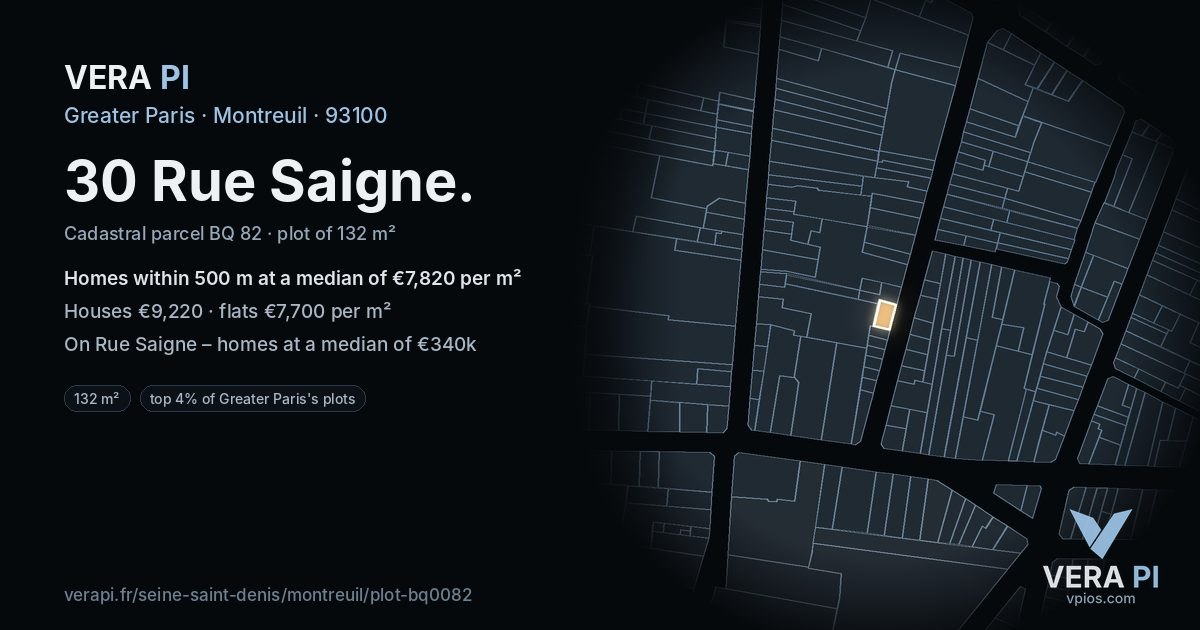 30 Rue Saigne, Montreuil at night – the plot lit, the parcels around coloured by the prices near them